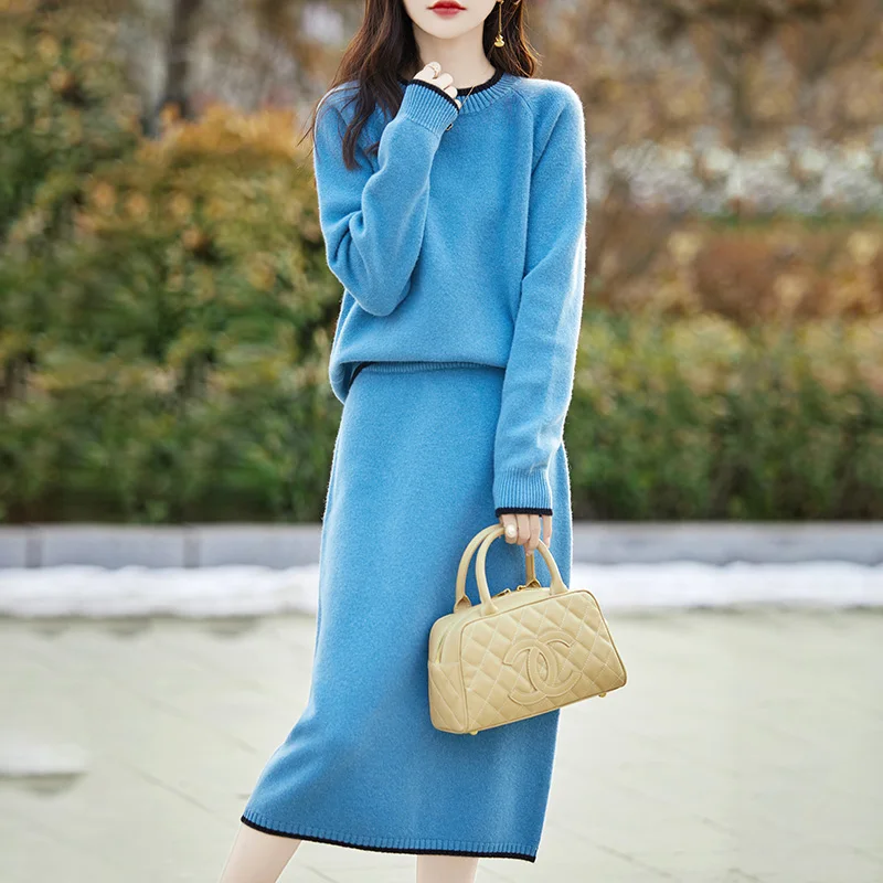 Spring and Autumn New Two Piece Skirt Women\'s and Zero Colored Pullover Slim Fit Fashion Half Skirt 100% Pure Wool Knitted Skirt