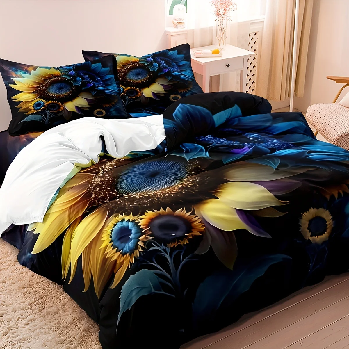 

3pcs Blue Floral Duvet Cover Set (1 Duvet Cover, 2 Pillowcases, No Insert) - 3D Printed Bedding Set, Soft, Comfortable