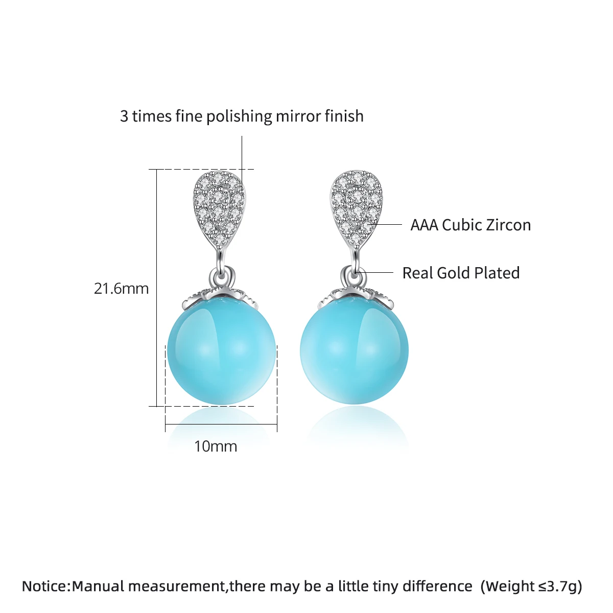 LUOTEEMI Sweet Sky Blue Color Glass Ball Waterdrop Pendant Earrings for Women High Quality Cubic Zirconia Girl Christmas Gifts