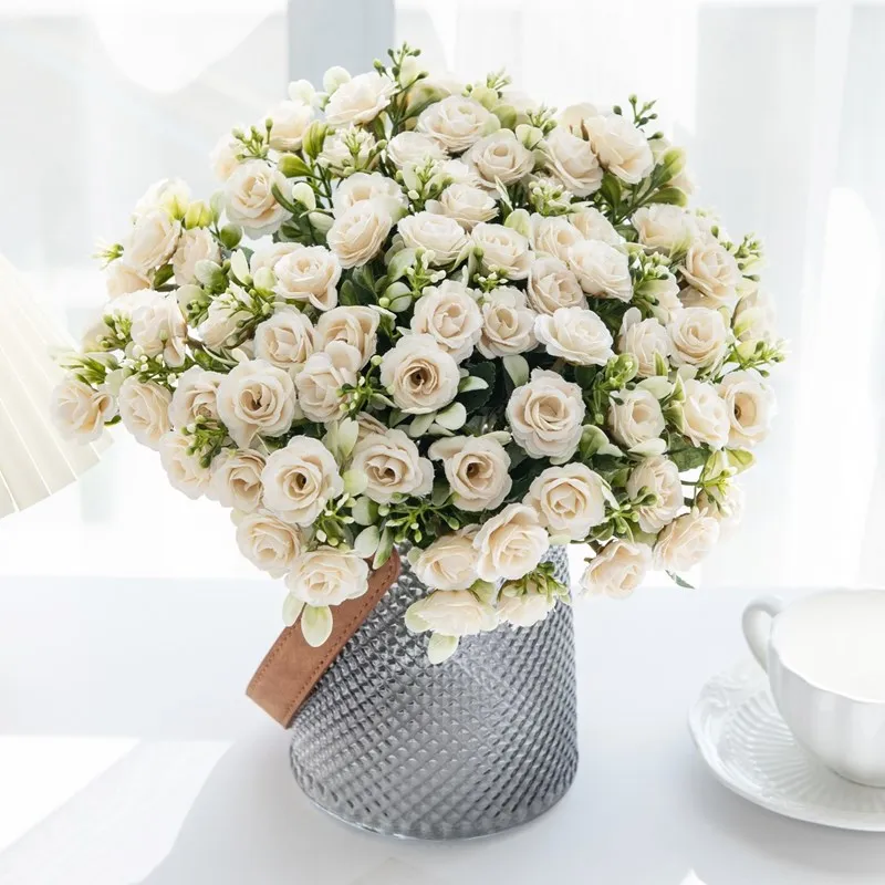 5 Zweige, 15 Blüten, Seidenrosen für Hochzeitssträuße, Festivals, Girlanden, Dekoration, Wohnzimmer, Bonsai, künstliche Blumen, Handarbeit – Detail 4