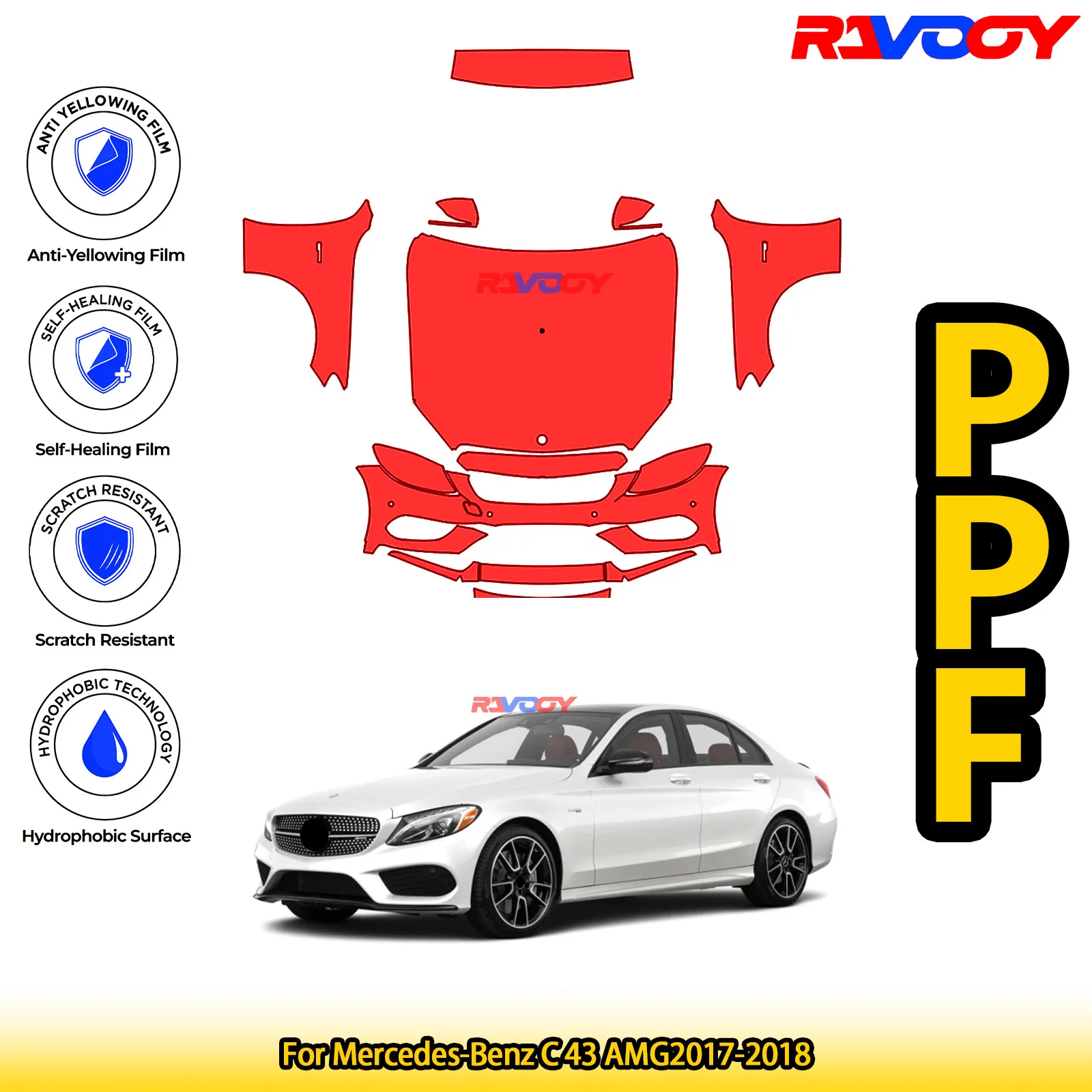 

For Mercedes-Benz C 43 AMG2017-2018 Glossy Matte Black Precut front PPF Kit Paint Protection Film