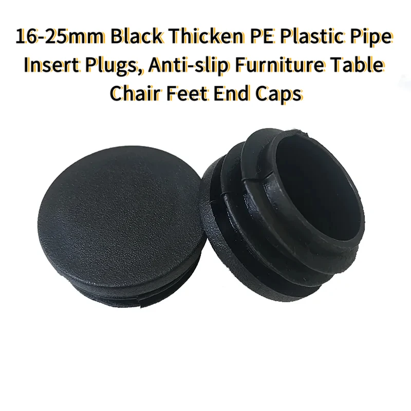 16-25mm Black Thicken PE Plastic Pipe Insert Plugs, Anti-Slip Furniture Table Chair Feet End Caps