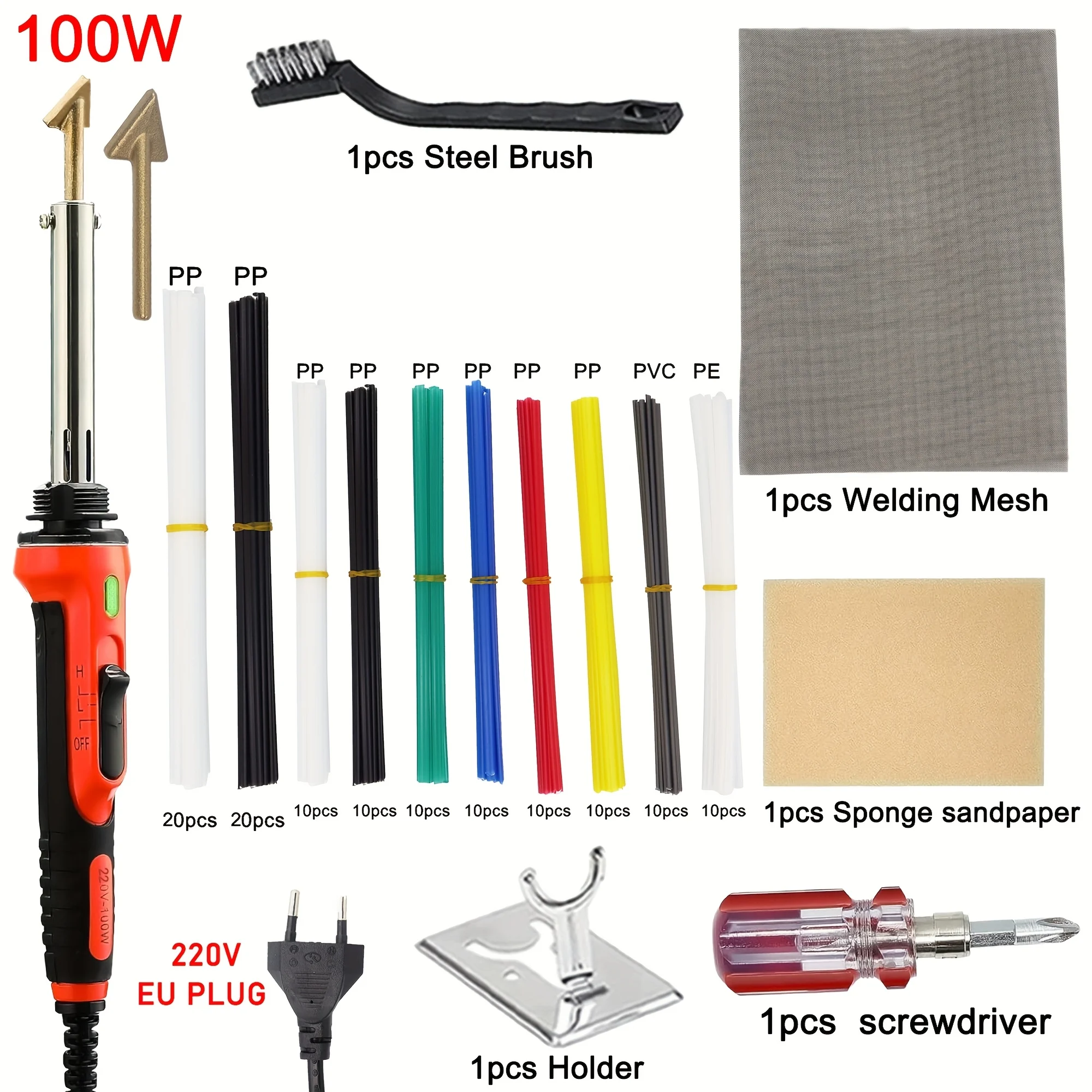 

220V EU plug 100W plastic welding kit with welding rod (PP/PVC/PE) Steel brush Weld mesh Sponge sandpaper Bracket Screwdriver