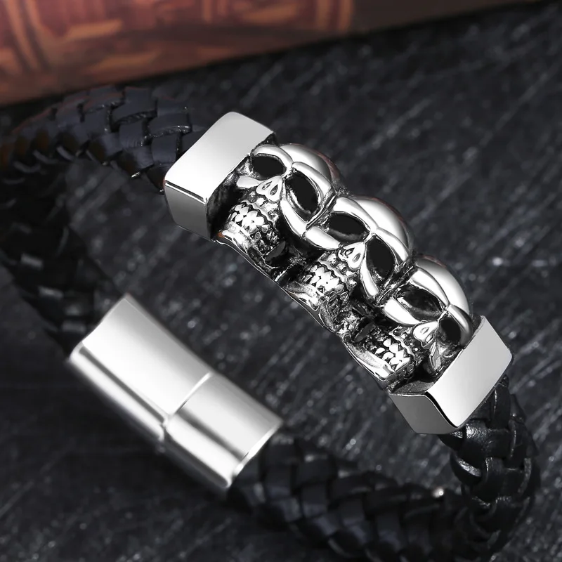 

Skull Stainless Steel Bracelet Ghost Head Men's Leather Bracelet Woven Bracelet Handmade Multi-Layer Leather Jewelry