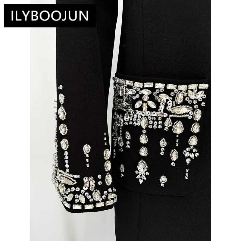 ILYBOOJUN Newest 2024 Designer Fashion Women\'s Long Sleeve Notched Collar Rhinestone Diamonds Beading Maxi Long Dress