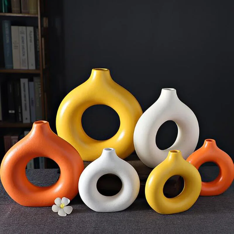 Porcelain Doughnut Vase Hotel Living Room Dry Flower Arrangement Jardiniere Plant Pot Gardening Art Home Decor