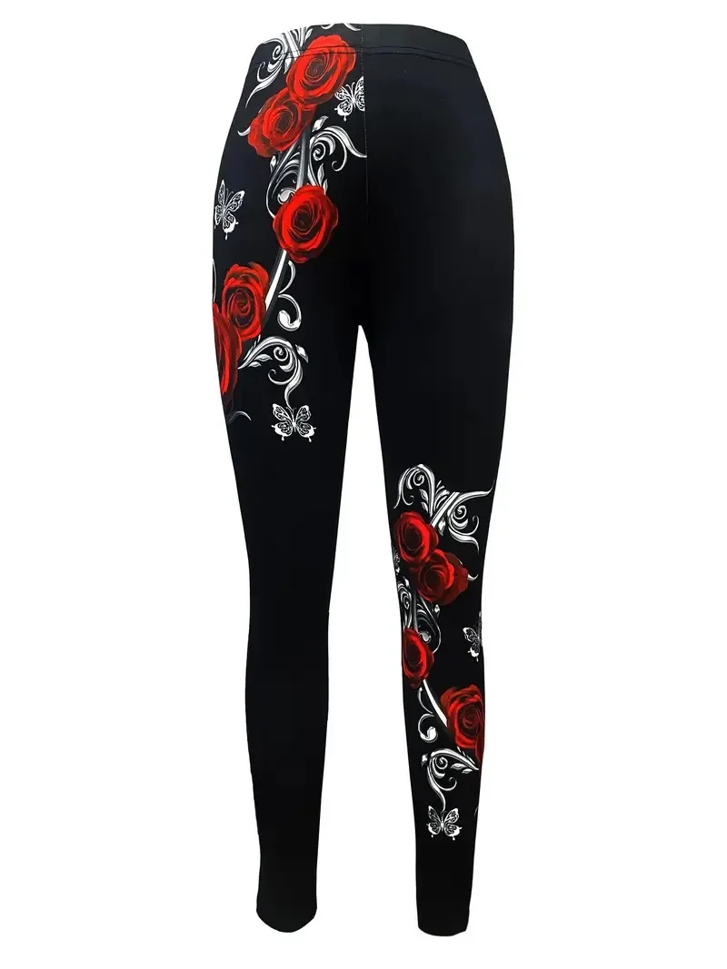 Leggings casual comodi elasticizzati slim-fit da donna con stampa floreale primavera/estate