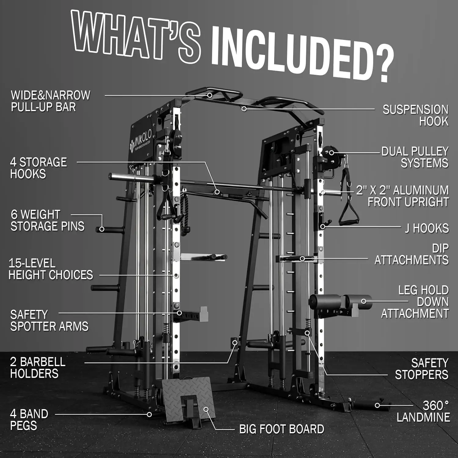 Squat Rack with LAT-Pull Down System & Cable Crossover Machine, Training Equipment with Leg Hold-Down Attachment