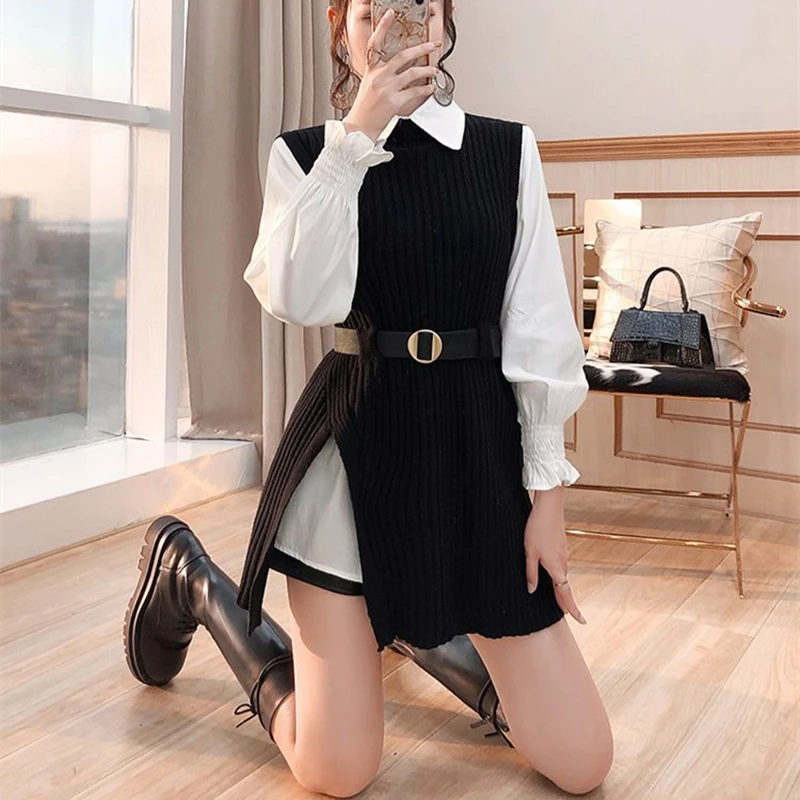 Spring Autumn Women Fashion Split Knit Vest Flare Shirts High Waist Skirts 1 or 3 Piece Set Lady Graceful Belt Tops Skrit Outfit