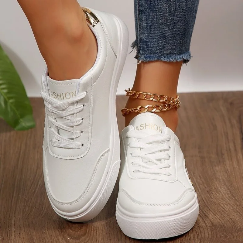 Women's White Shoes Spring Autumn Outdoor Flat Casual Sports Shoes Men New EVA Sole Lace Up Round Toe Fashionable Office Shoes