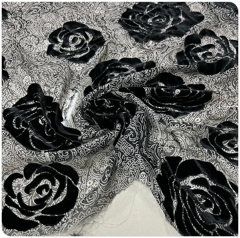 Silk Etched-out Velvet Fabric Silk Bottom Cotton Velvet Black Rose Jacquard Velvet Thin See-through Dress Fashion Fabric