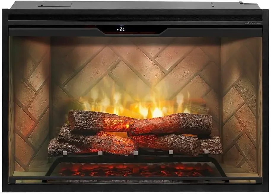 Revillusion® 36 Inch Built-in Electric Firebox - Herringbone Brick Background ,Includes Realistic Faux Logset, Front Glass Panel