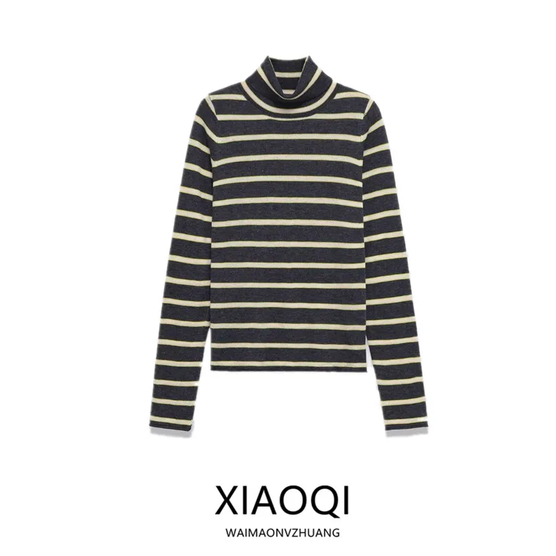 

2025 Winter New Arrival Ultra-Thin Striped Long Sve Knitwear Commute Versatile Women's Faion High Collar Overhead Sle