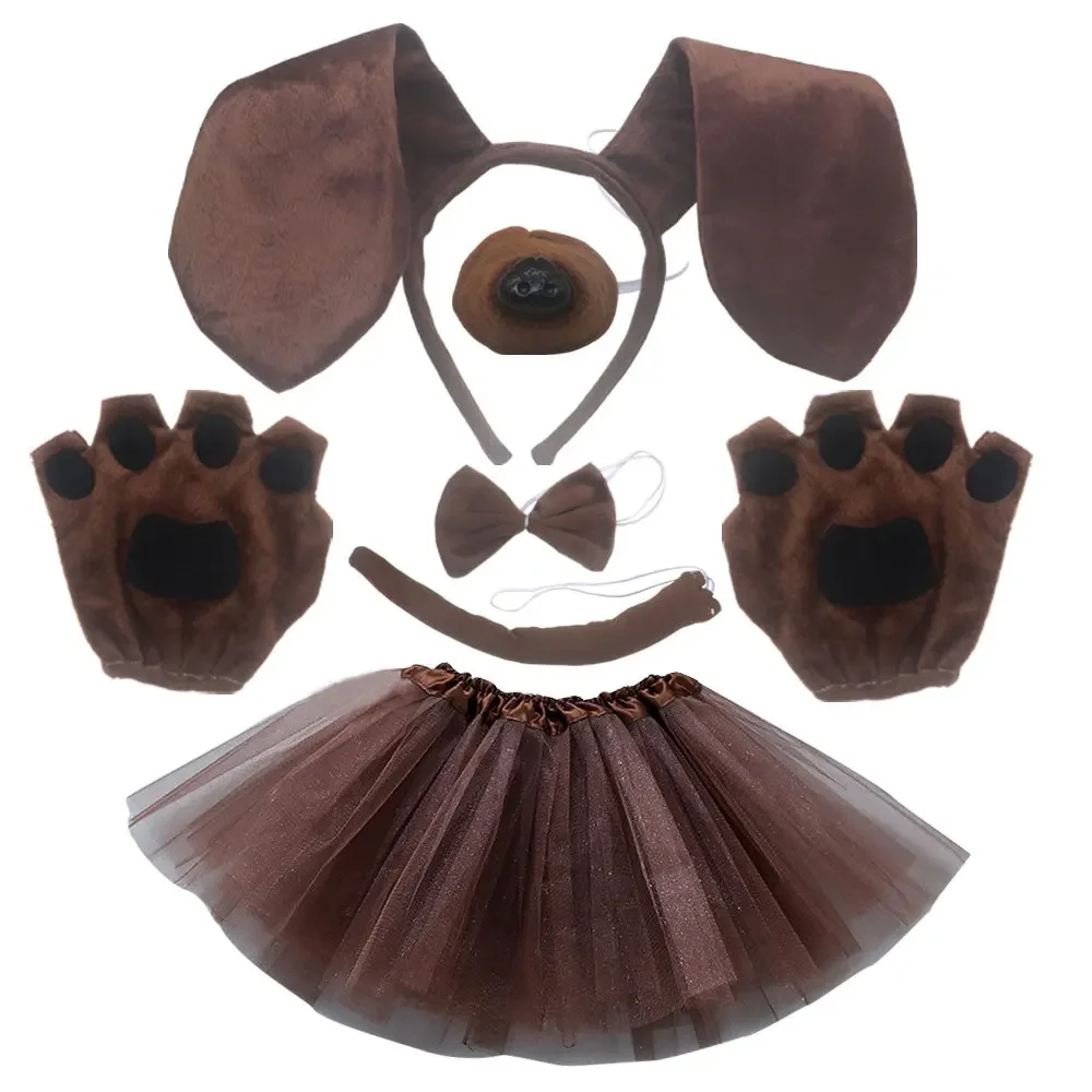 Red Brown Dalmatian Dog Ears  Animal Headband Bowtie Tail Tutu Skirt for Kids Girl Birthday Party Gift Halloween Costume Cosplay