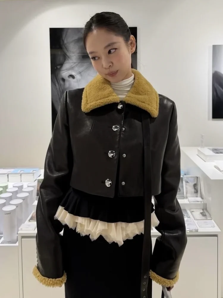 Giacca in Pelle PU Vintage Jennie con Colletto Soffice e Bottone Singolo, Cappotto in Pelle Lungo da Donna, Stile Dritto alla Moda