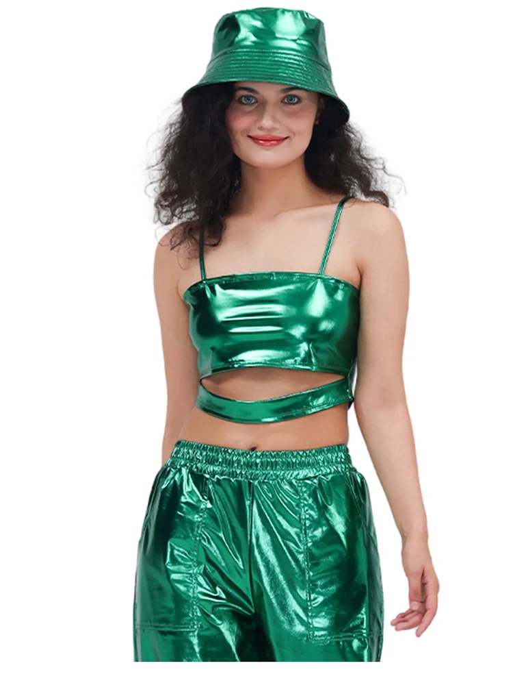 Женский укороченный топ с эффектом металлик, блестящий топ на бретелях в стиле хип-хоп, костюм для уличных танцев, сценический костюм, черлидинг, на тонких бретельках