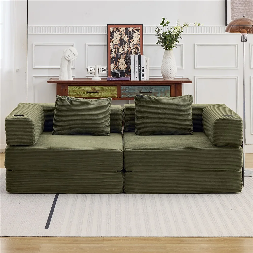 Modernes Frei Kombinierbares Modulares Ecksofa Olivgrüner Cord Convertible Couch mit Getränkehaltern Platzsparende Möbel – Detail 24