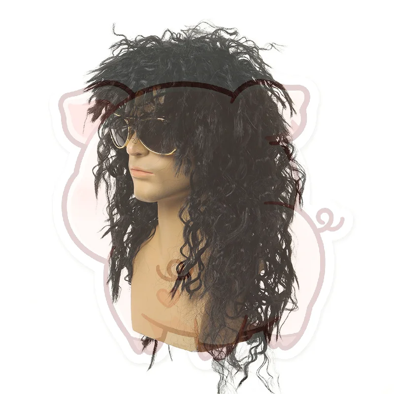 Men Long Curly Wig Black Wig Male Synthetic Cosplay Wigs Puffy High Fiber Machine For Rock Party Fluffy Nightclub Bar Wig