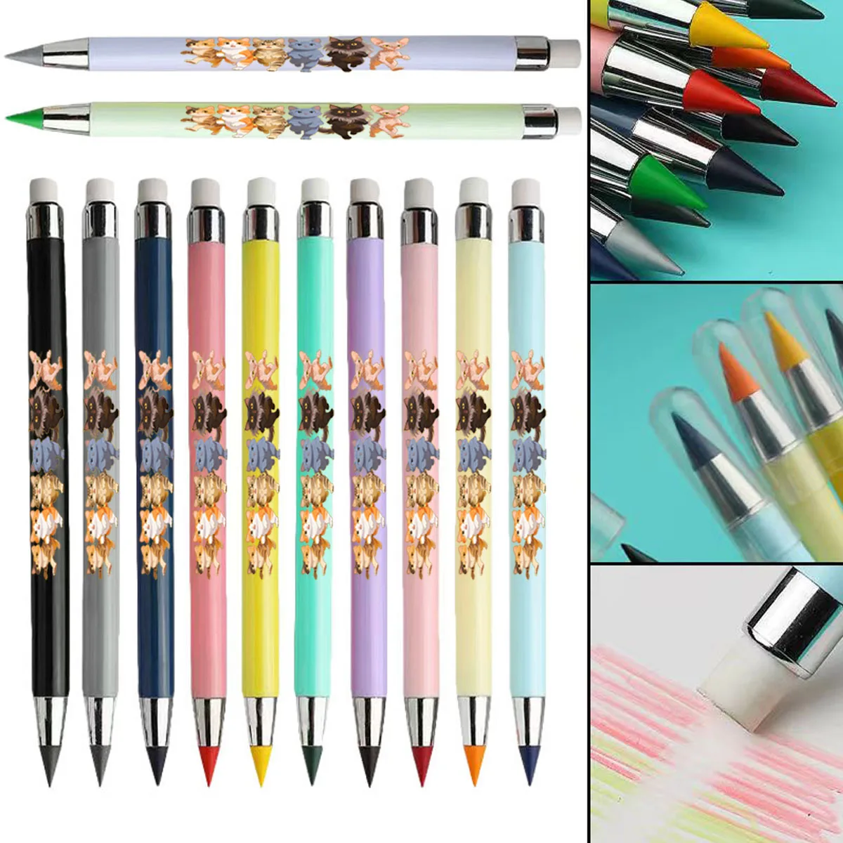 

12 pack playful kitten text pattern eternal pencil macaron color not easy to break pencil student sketch color pencil