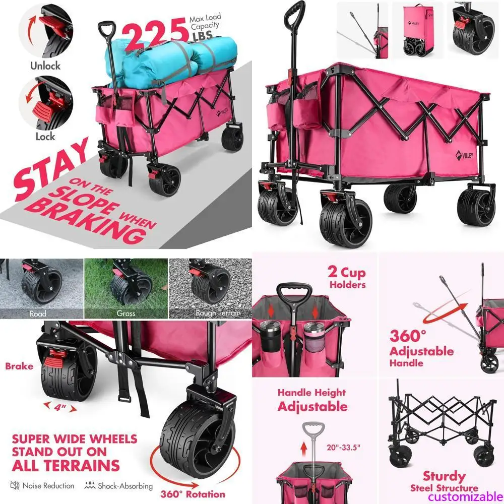 

Expandable Folding Utility Wagon with Large Tires, 225lbs Load Capacity, Durable All-Terrain Portable Cart