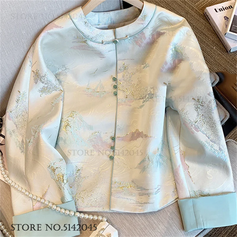 

Traditional Chinese Tang Style Top for Women New Chinese Style Jacquard Coat Spring Long Sleeve Jacket Loose Retro Streetwear