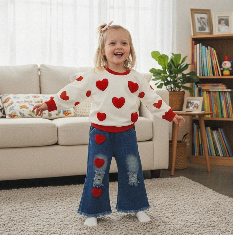 1-7Y Little Girls Valentines Day Outfit Heart Long Sleeve Sweatshirt Ripped Jeans 2 Piece Children's Sets