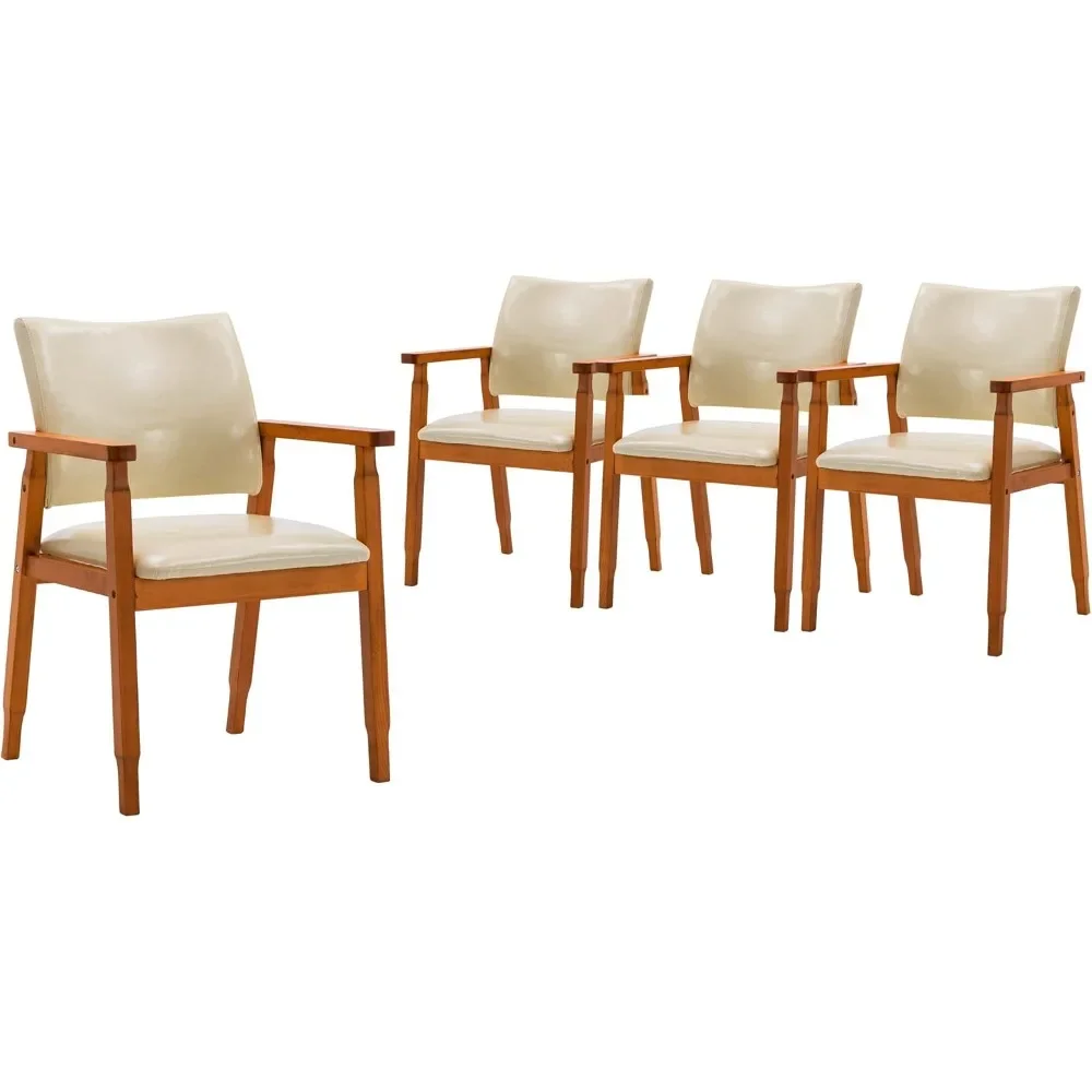 Mid-Century Dining Side Chair with Faux Leather Seat in Tan, Arm Chair in Walnut,Set of 4