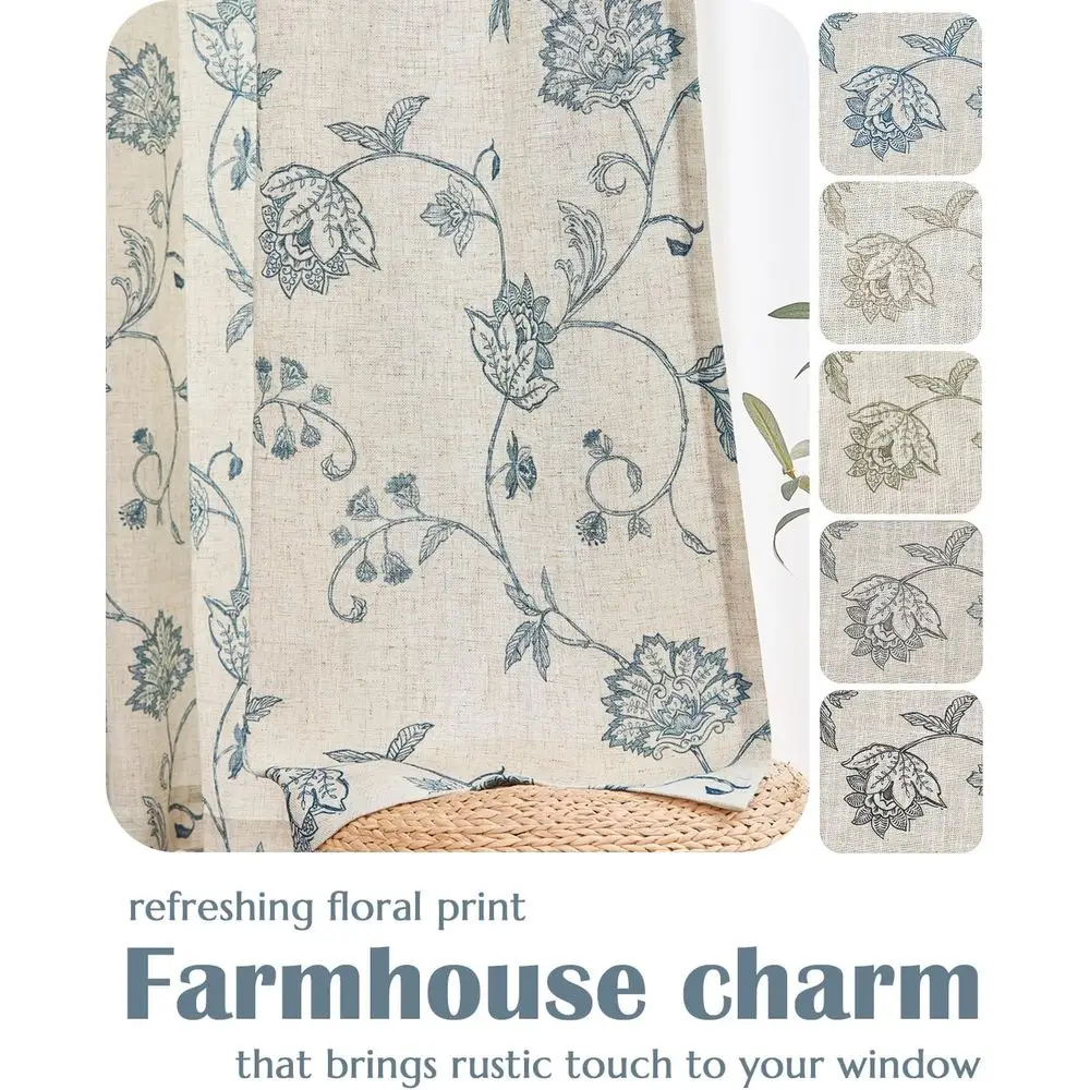 Blumen-Leinenvorhänge, 84 Länge, Lichtfilterung, Rutentasche und Rückenlehne, 2er-Set mit blauen Paneelen für Wohnzimmer und Schlafzimmer