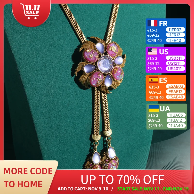 

Vintage Violet Gold Color Foil Flower Necklaces Woman Luxury Natural Pendant Charm Antique Party Jewelry 2025 Mothers Day Gift