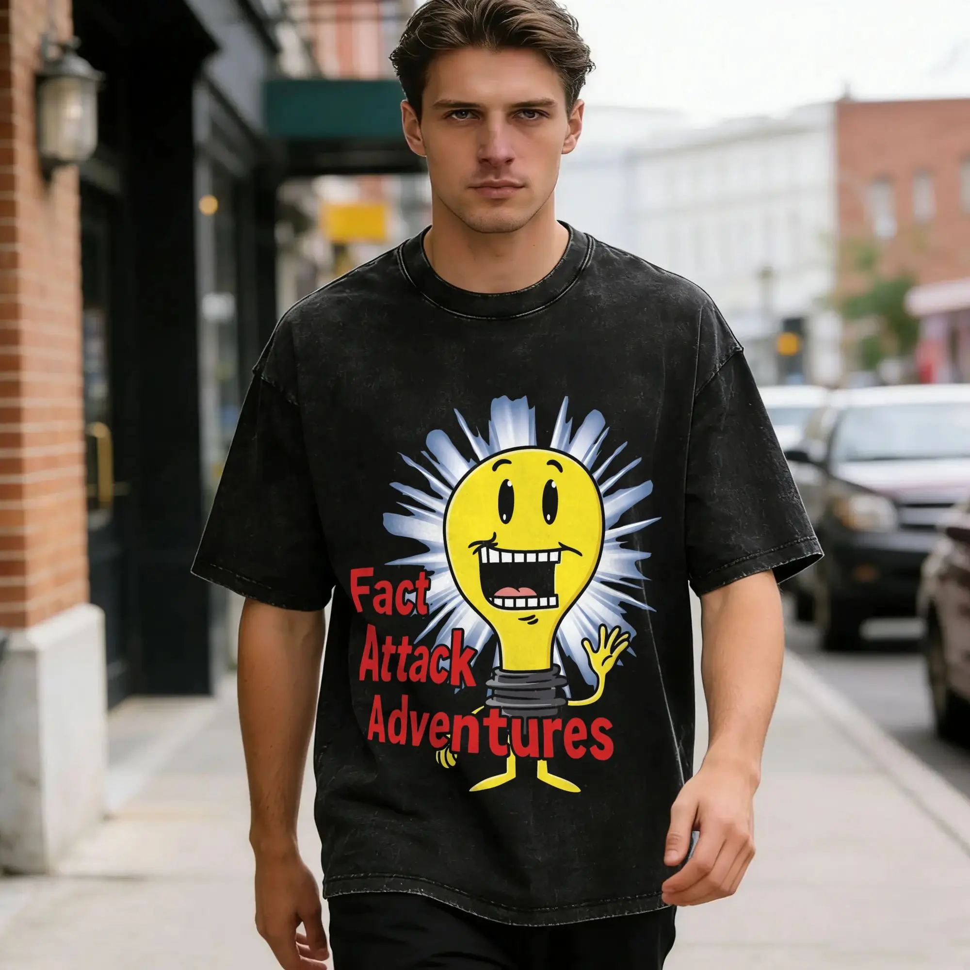 Light Bulb Fact Attack Adventures Washed T Shirt Couple Y2K Fun Cotton T-Shirts Beach Harajuku Tee Shirt Print Big Size Clothes