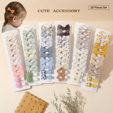 20pcs/set Lovely Kids Bows Hair Clips for Girls Barrette Boutique Full Coverage Fabric Children's Headwear Baby Hair Accessories