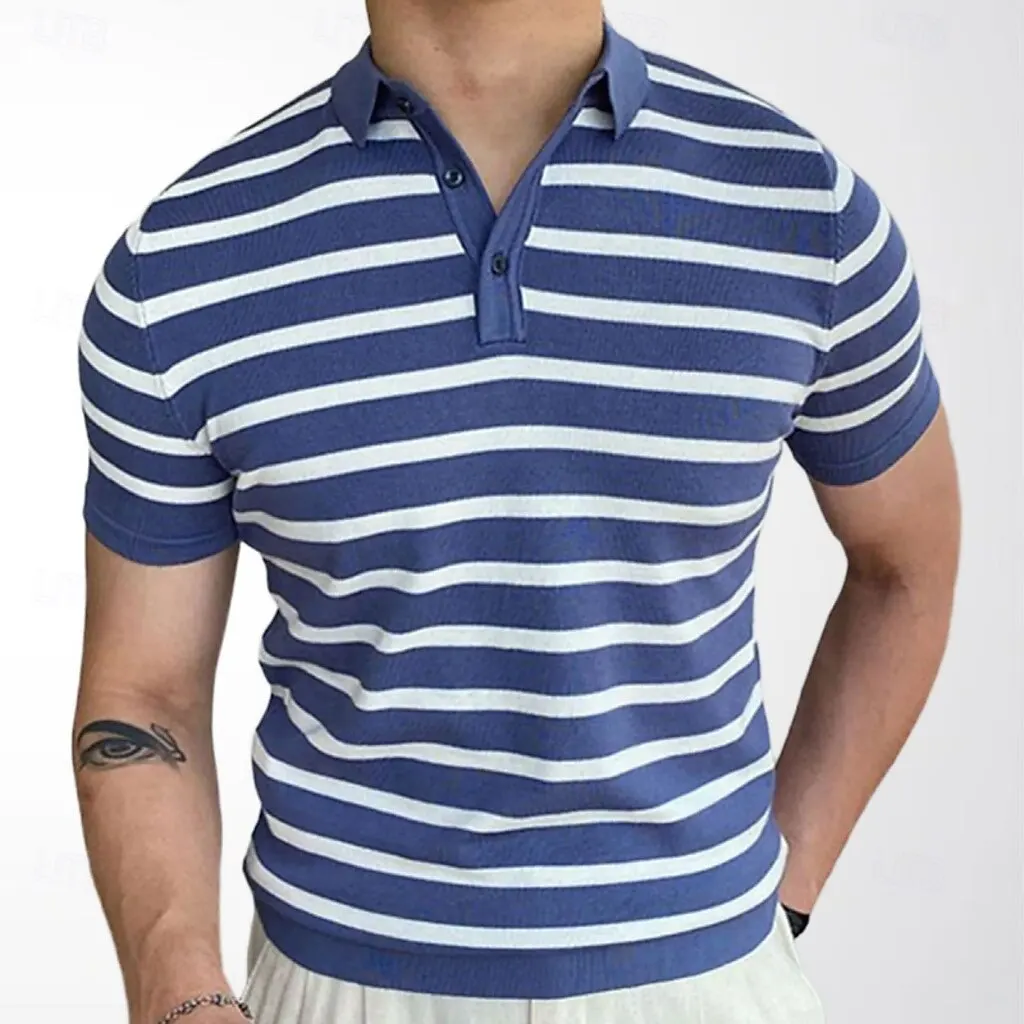 Men's Casual Street Style Lapel Polo Shirts Modern Horizontal Stripes Button Design Regular Fit Blue Tops for Spring & Summer