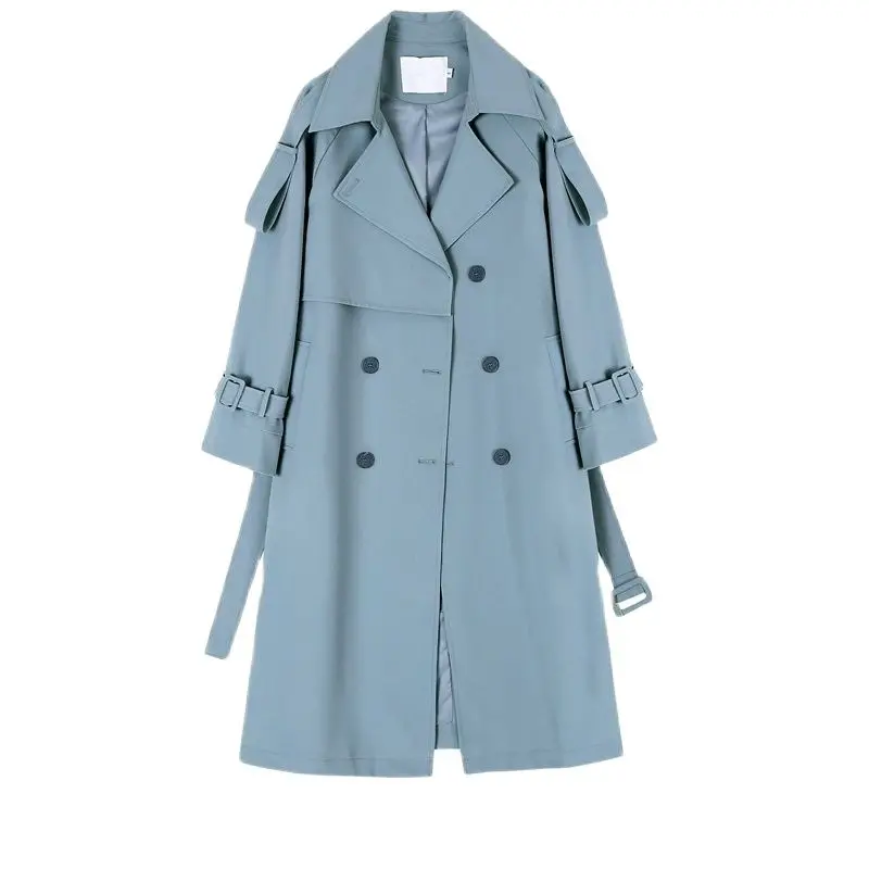 Fashion Blue Long Trench Coat Women\'s Clothing 2023 Spring Autumn Windbreaker Double Breasted Waist Coats Female Overcoats jp141