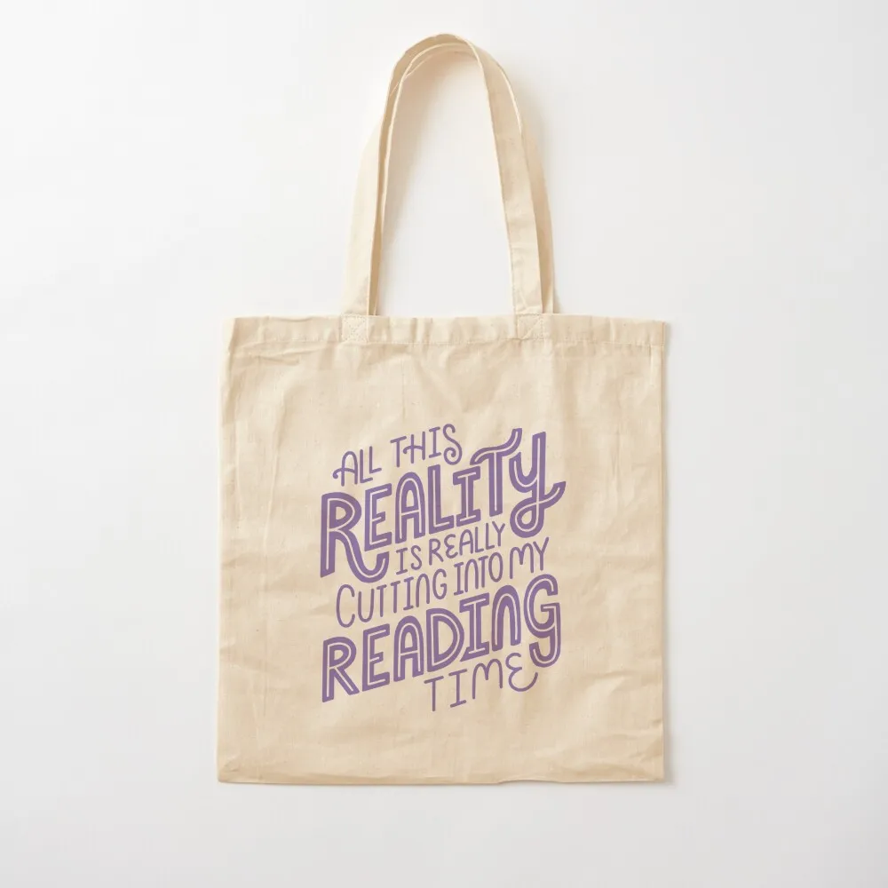 Reality Vs. Reading Purple - Book Nerd Quote Lettering Tote Bag cute pouch bag Canvas female bag