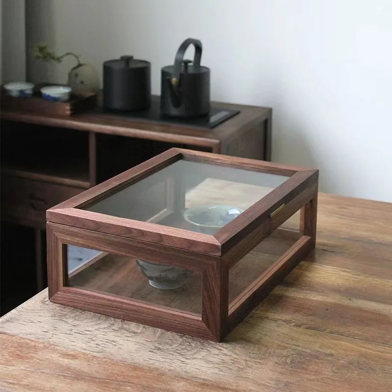 Black walnut display box wood transparent glass figure tea cup cultural relics display box shoe toy storage box