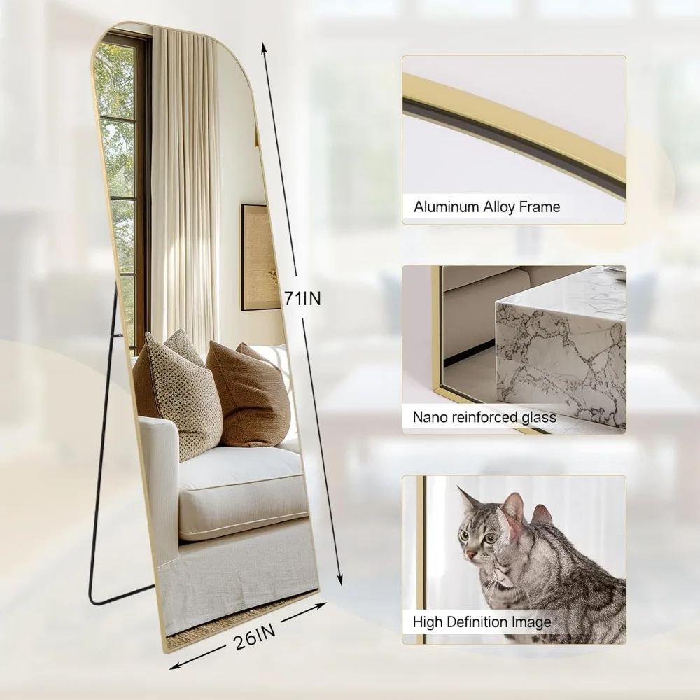 Übergroßer, gewölbter Boden- oder Wandspiegel – Gold-Finish, freistehender Ständer für Wohnzimmer und Schlafzimmer, groß, 71 x 26 Vollspiegel