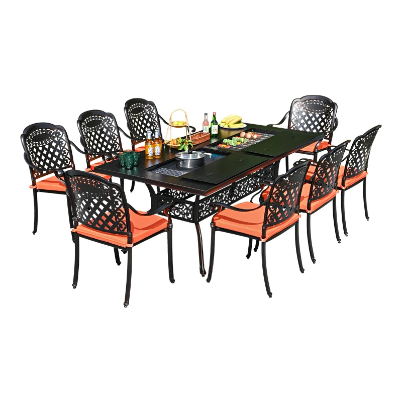 야외 안뜰 테이블 및 의자 주조 알루미늄 바베큐 테이블 전기 그릴 야외 정원 숯불 그릴 테이블 야외