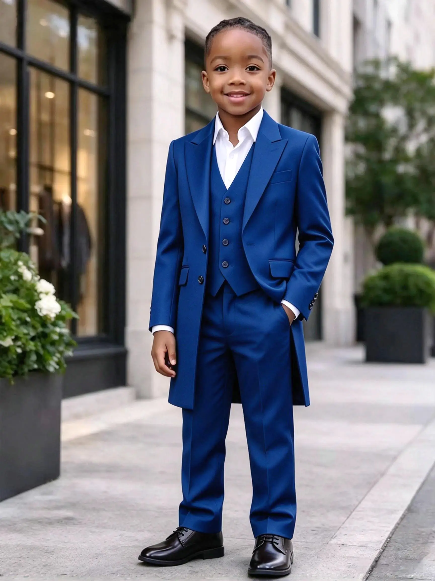 Light Grey Kids Long Jacket Vest Pants Suit Set 3 Pieces Wedding Guest Outfit Handsome Peak Lapel Boys Suits For Birthday Party
