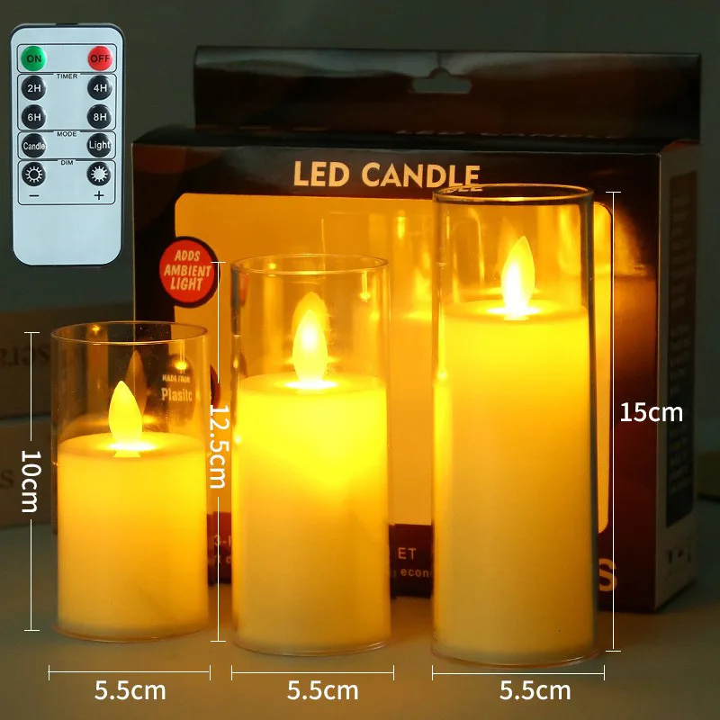 Simulated Swinging Led Electronic Candles Acrylic Glass Christmas Birthday Wedding Atmosphere Decoration Candle Lights 3pcs