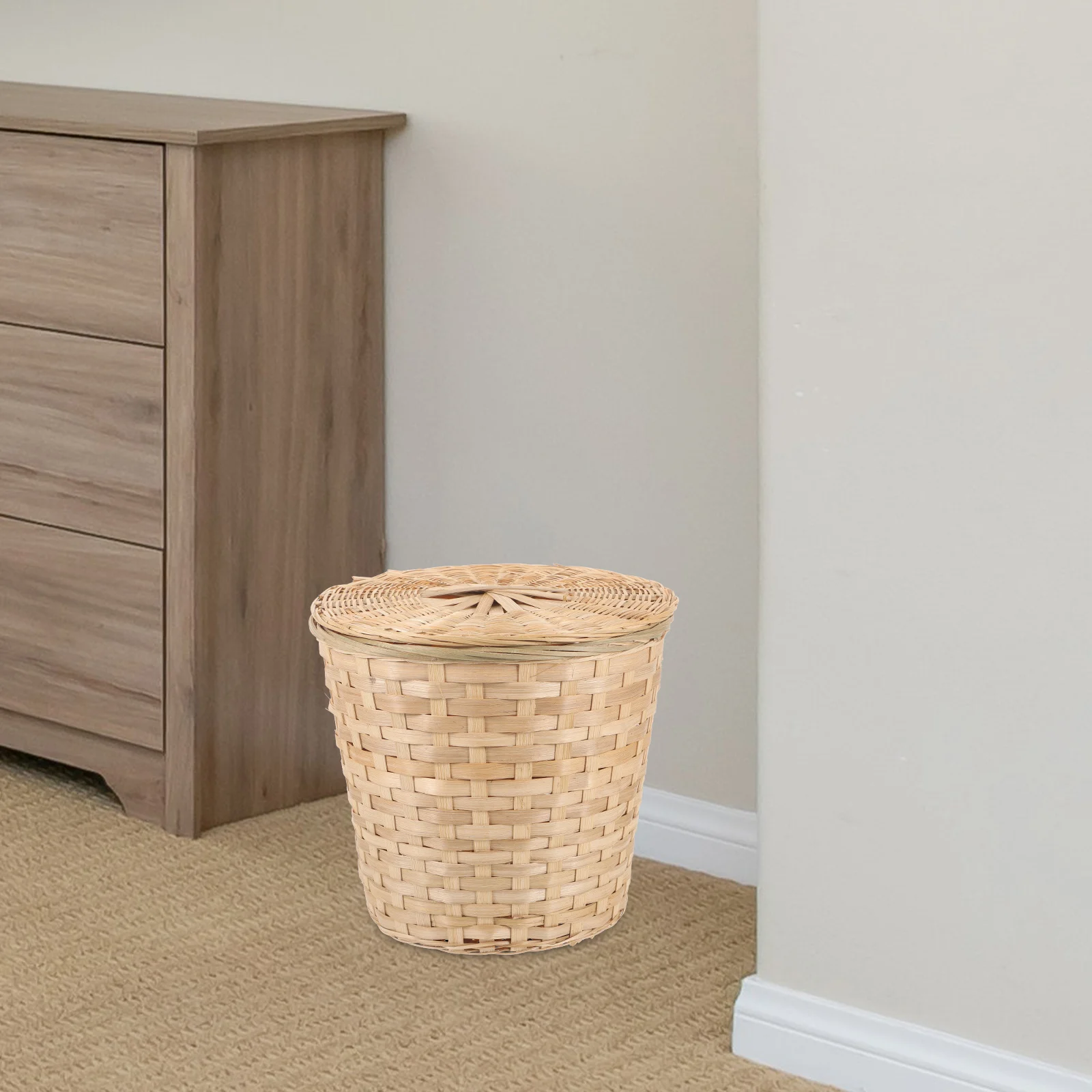 

Large Bamboo Woven Storage Basket Lid Rustic Kitchen Trash Organizer for Fruits Toys Sundries Reusable Household Basket