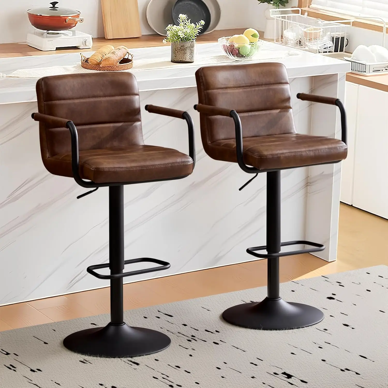 

Bar Stools Set Of 2, PU Leather Adjustable Height 360° Swivel Barstools With Backrest And Armrests, Counter Height, Customized