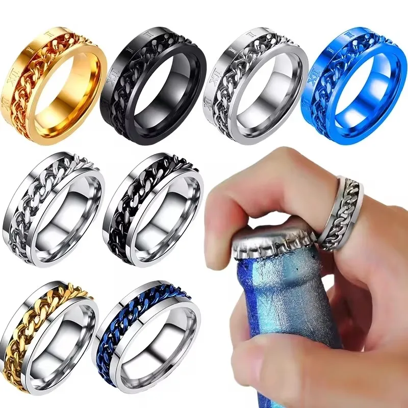 Fashion Titanium Steel Rotatable Chain Rings Men Women Stress Ring For Anxiety Couple Jewelry Corkscrew Bottle Opening Ring Gift