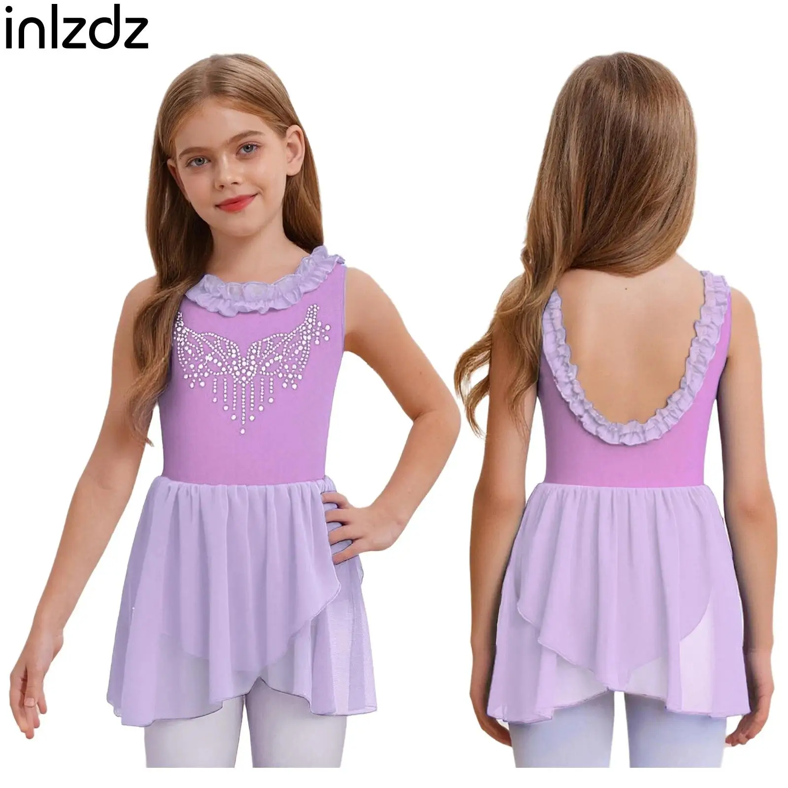 

Kid Girl Rhinestones Gymnastics Ballet Dance Dress Sleeveless Figure Skating Dance Leotard Costume for Performance Training Wear