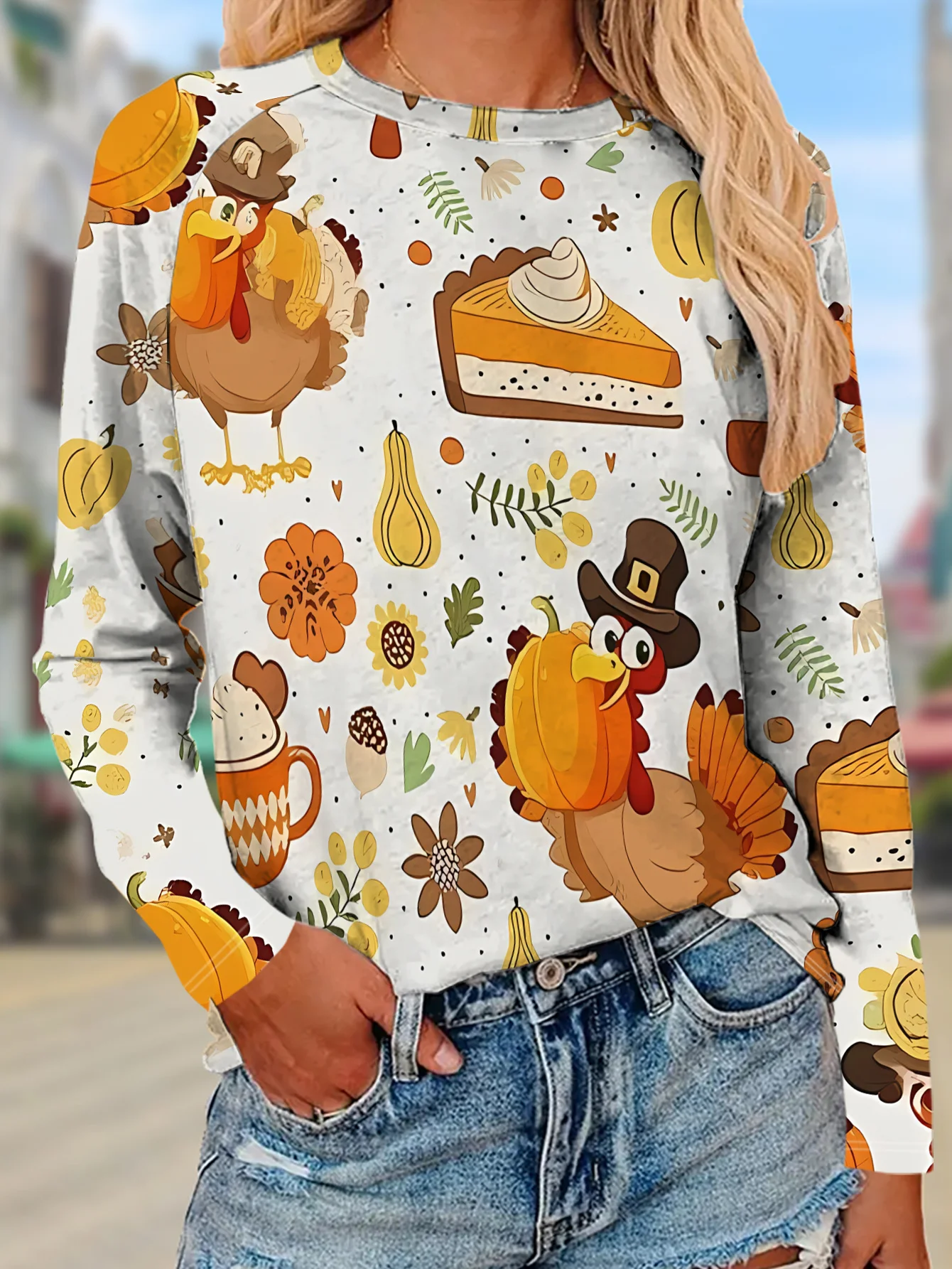 Women Long Sleeve T Shirt Thanksgiving Turkey Pumpkin Maple Print Fall Autumn Fashion Casual Holiday Party Top Women's Clothes