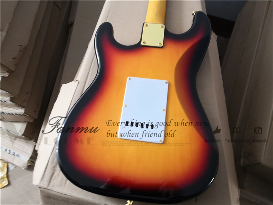 sunburst electric guitar sta body yellow neck rosewood fingerboard white pickups black guard fold tunerscustom guitar