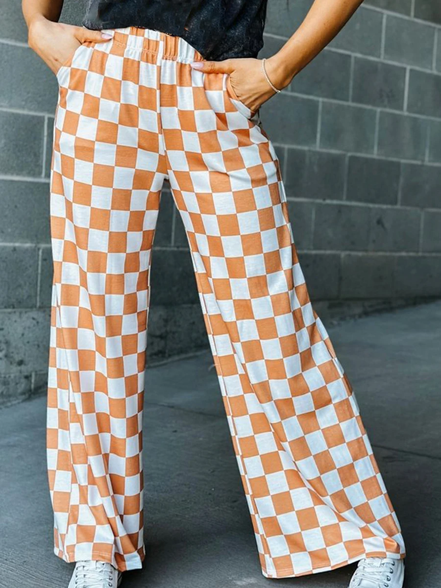 Womens Checkered Wide Leg Pants High Elastic Waisted Straight Loose Fitted LoungeTrouser Y2k Korean Streetwear