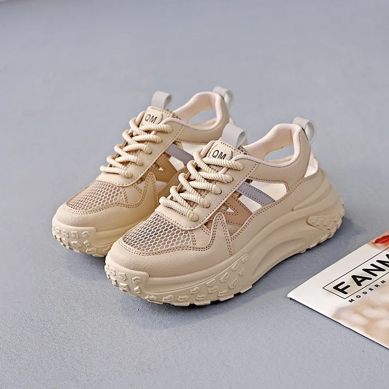 Women Platform Sandals 2025 Hollow-out Pu Leather Inner Increase Women Sneakers Outdoor Chunky Tennis Vulcanized Shoes Sandalias