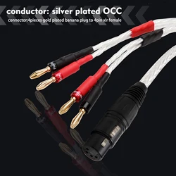 Audiophile OCC Silver Plated HiFi Audio Cable XLR 4 Pin Female Connector to Deluxe Gold Plated Banana Plug for Amplifier Speaker