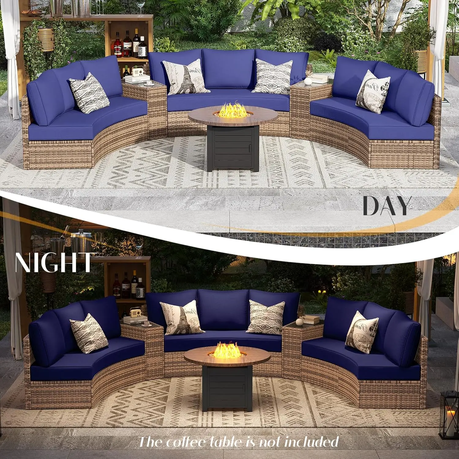 Patio Conversation Set, 11 Piece Half-Moon Sectional Round Patio Furniture Set, with Large Storage Wedge Table Wicker Sofa Set,