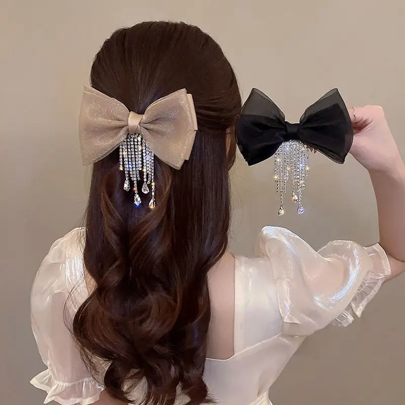 New Bow Rhinestone Tassel Hair Clips Barrettes Hairpins For Women Autumn Ponytail Clips Girls Hair Accessories Bling Headwear